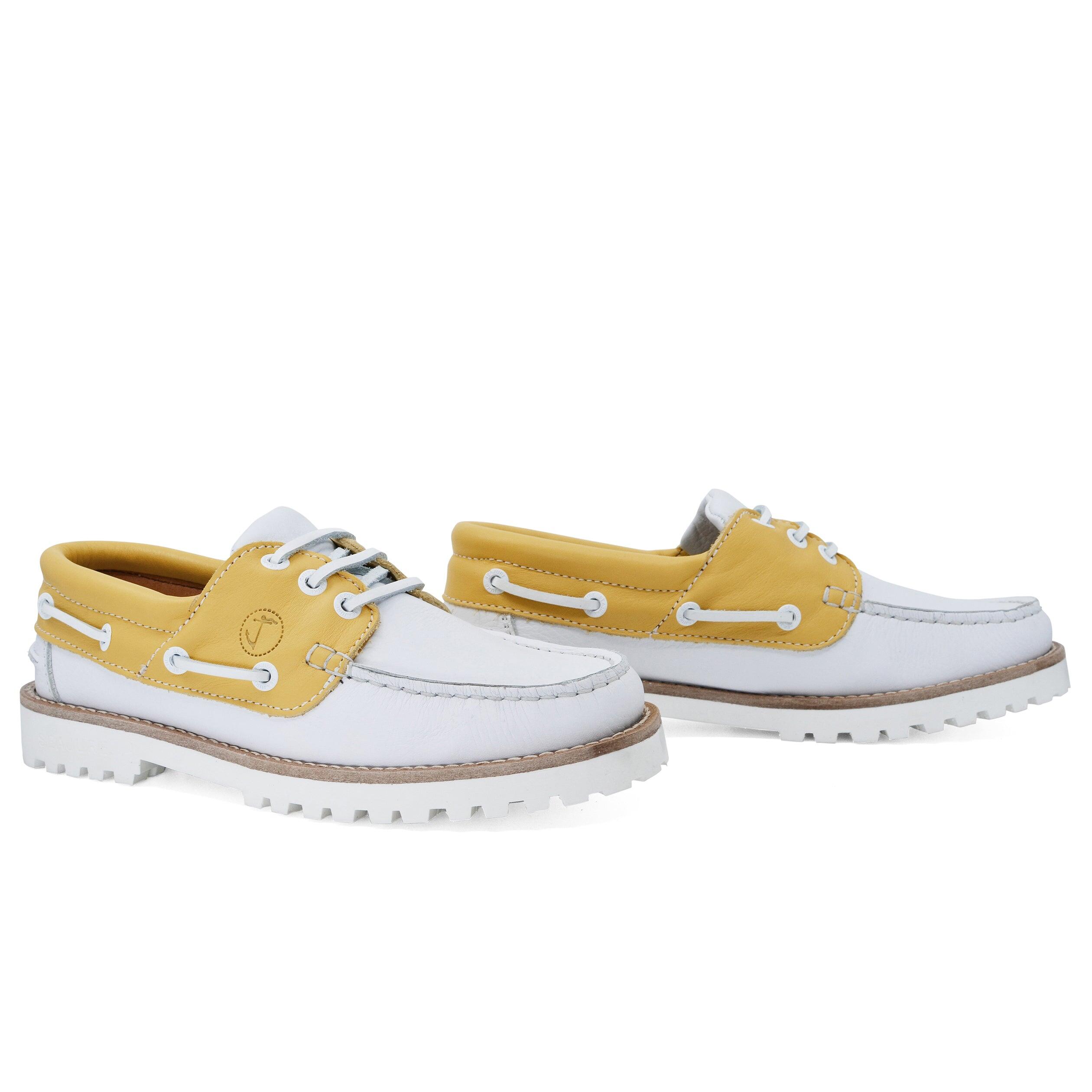 Mujer Cuero Zapatos Náuticos Quirimbas Blanco, Amarillo 2/7