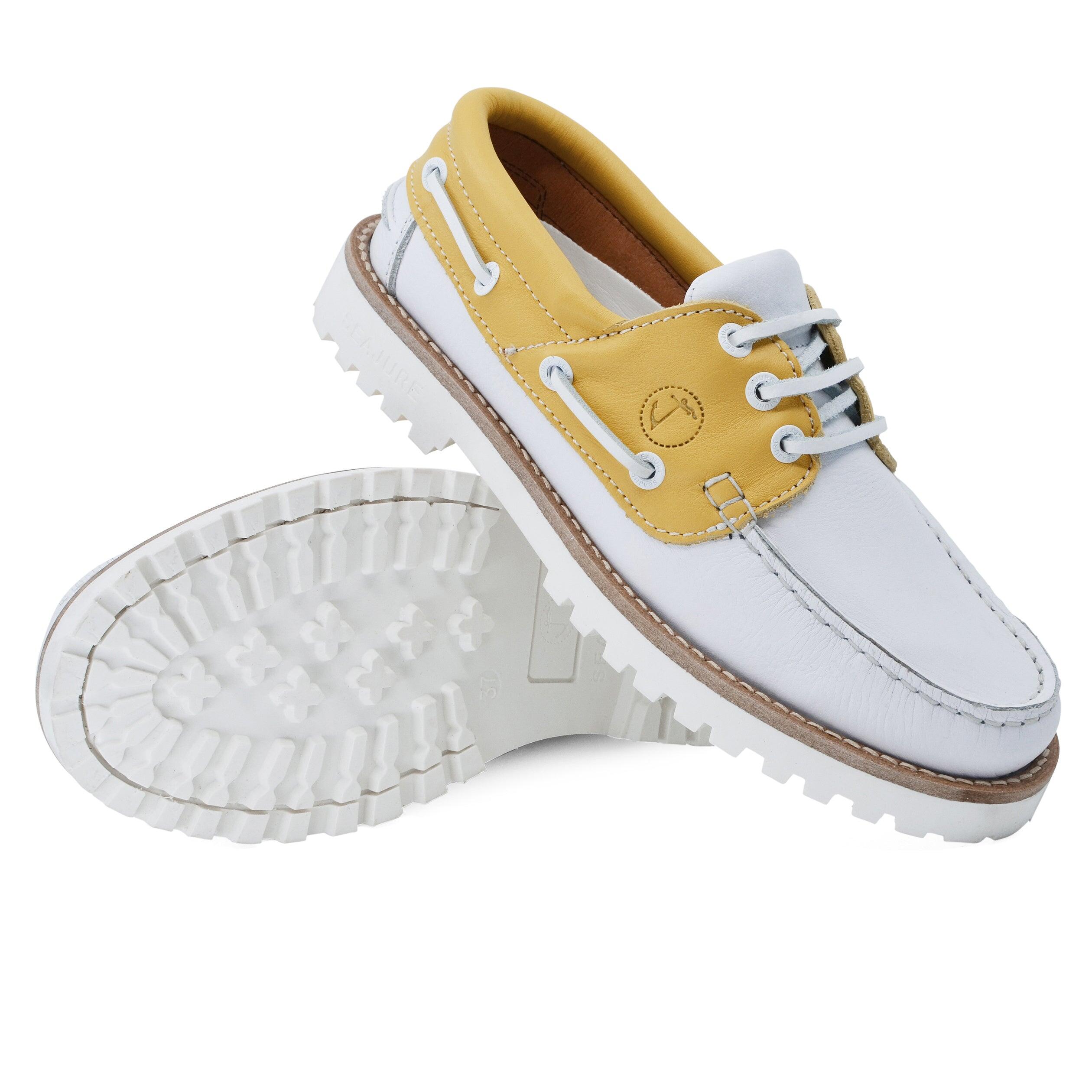 Mujer Cuero Zapatos Náuticos Quirimbas Blanco, Amarillo 3/7