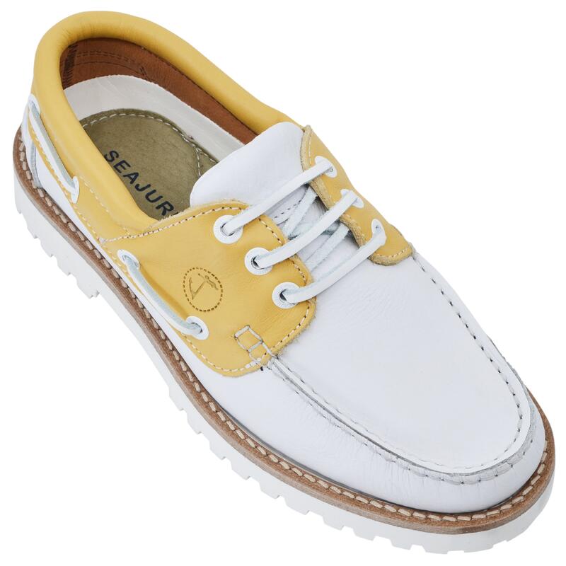 Zapatos Náuticos Seajure Mujer Blanco y Amarillo Cuero