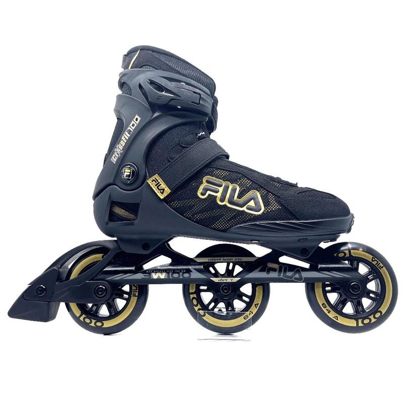 Fila Crosstraining 100 tri-skates zwart goud met soft boots en 100mm wielen