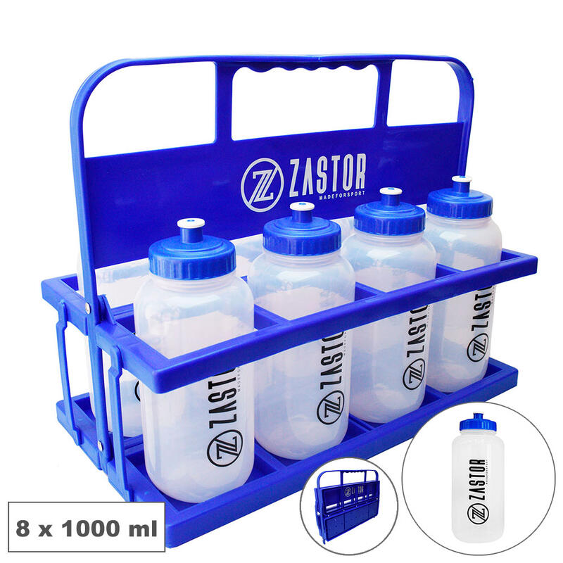 Pack 8 Botellas 1 Litro con Portabotellas Plegable Zastor Azul
