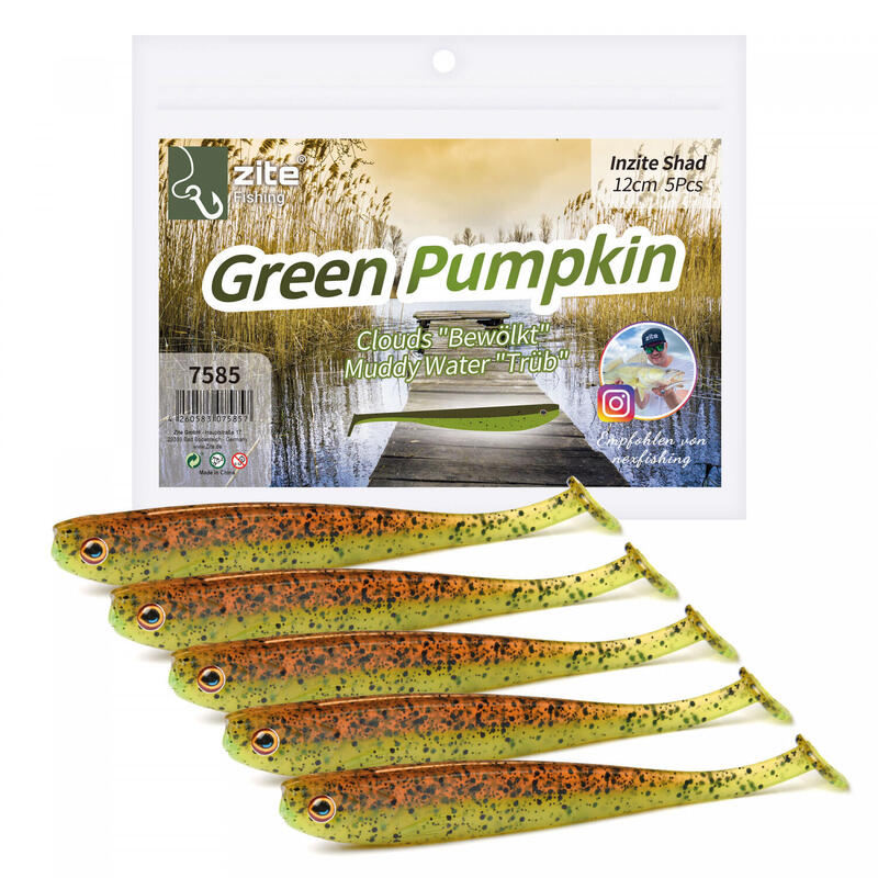 Zander Shad Set 5 Stück 12 cm Gummiköder Angeln Gummifische Green Pumpkin