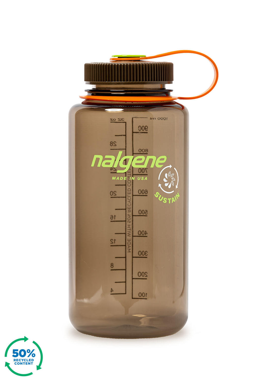 NALGENE 1L Wide Mouth Sustain Water Bottle - Made From 50% Plastic Waste - Bark Brown