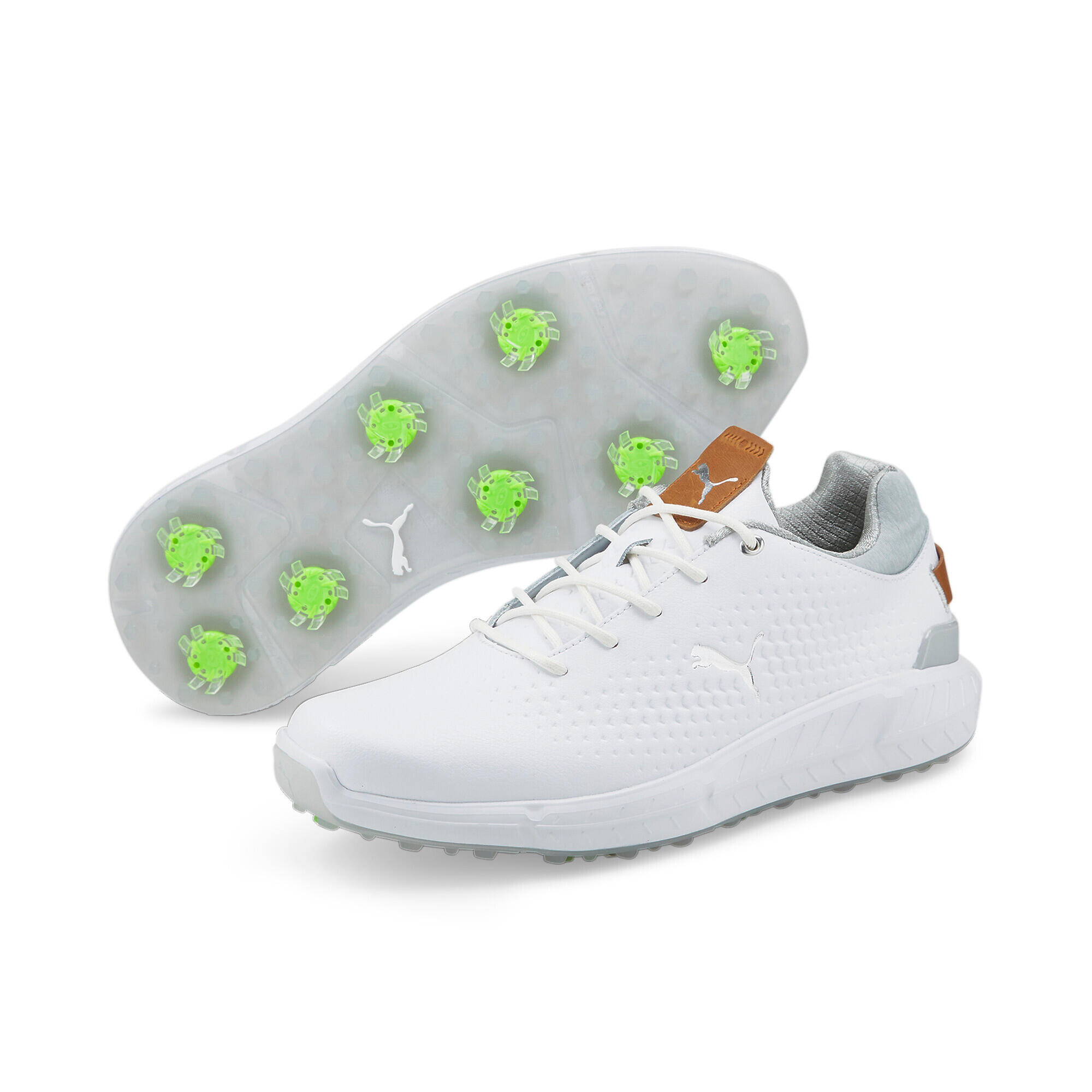 PUMA Mens IGNITE Articulate Leather Golf Shoes - White-Silver 4/7