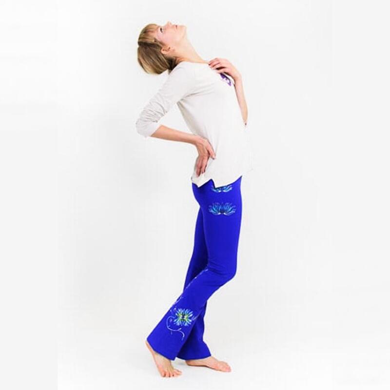 Pantalon de yoga femme - Bootcut - Lotus peint à la main, bleu-violet