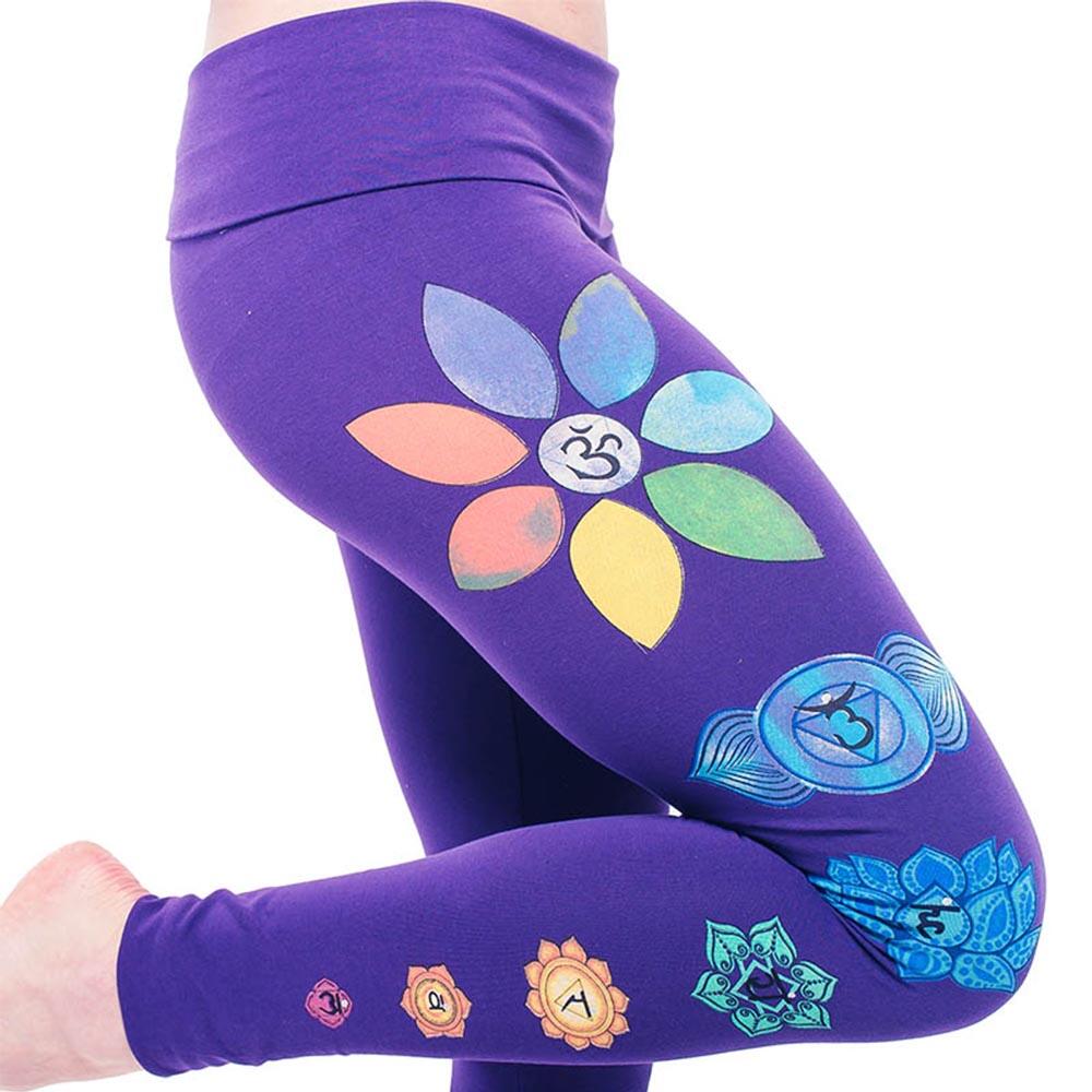 Legging de yoga coton Bio - taille haute - 7 Chakras peints à la main, violet 1/5