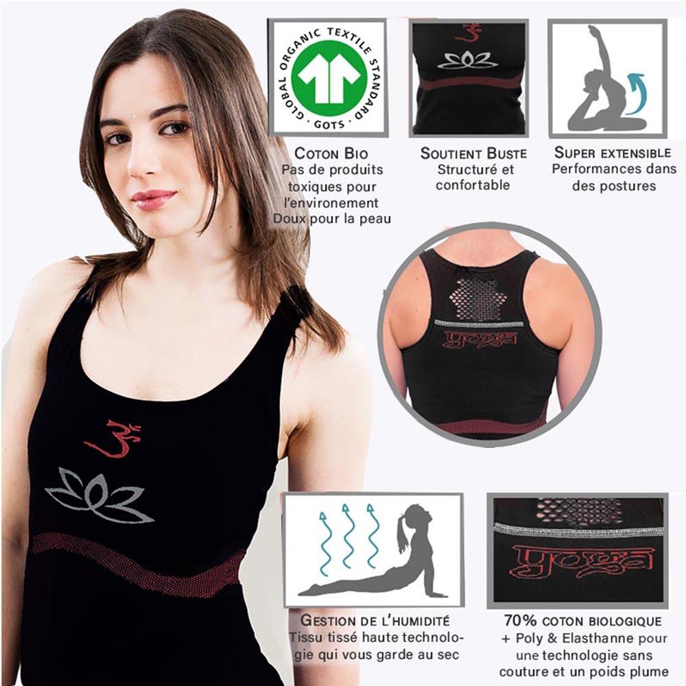 Débardeur yoga, sans coutures 70% coton bio, Haut de yoga soutien intégré noir 2/5