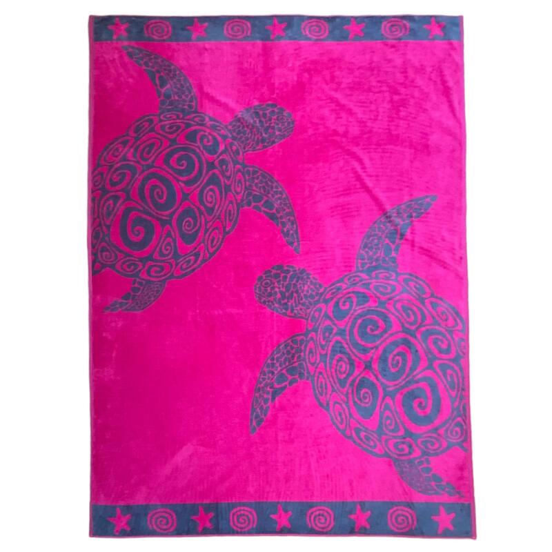 Serviette de plage éponge velours Jacquard Fuchsia Turtles 140x180 400g/m²