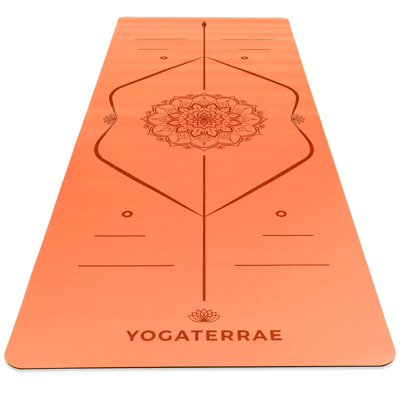 Tapis de yoga Orange Corail en PU-Caoutchouc naturel avec MANDALA et BODY LINE