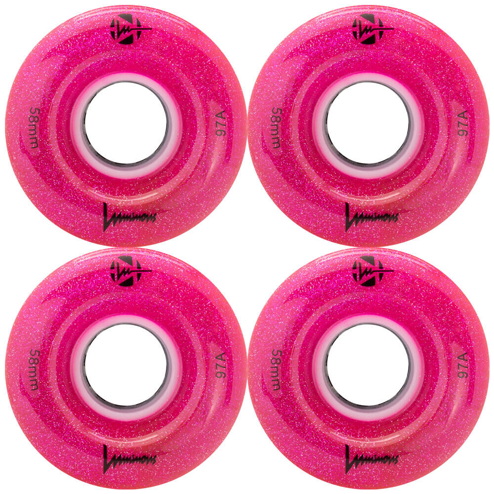 LUMINOUS LUMINOUS LED LIGHT UP ROLLER SKATE WHEELS PINK GLITTER 58 MM 97A – SET OF 4