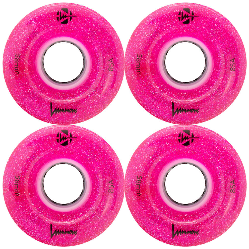 LUMINOUS LED LIGHT UP ROLLER SKATE WHEELS PINK GLITTER 58 MM 85A – SET OF 4 1/5