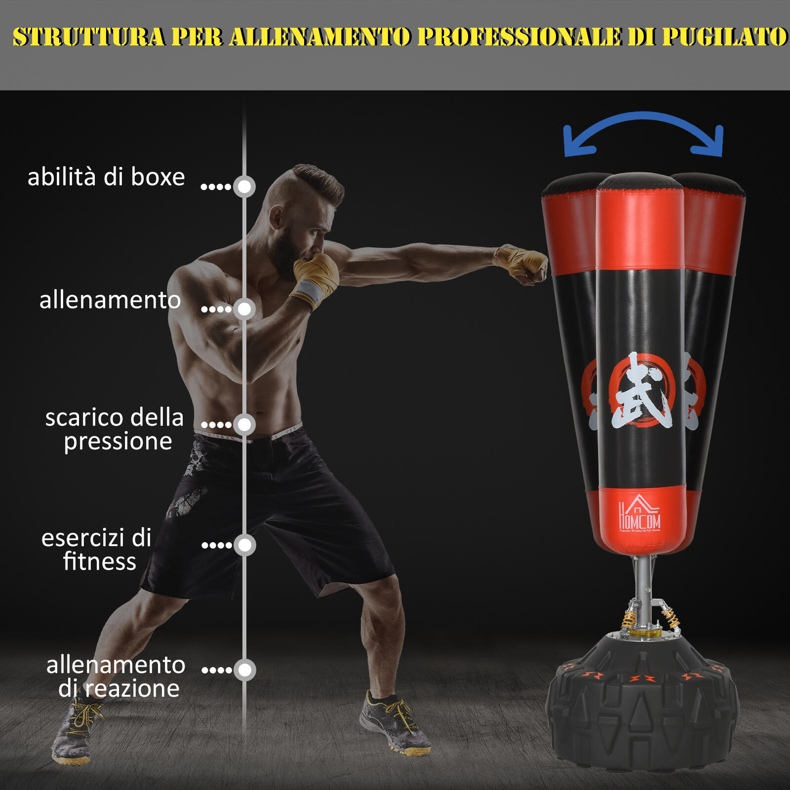 HOMCOM Sacco Boxe da Terra con Supporto, Allenamento Professionale, Nero e Rosso 5/6