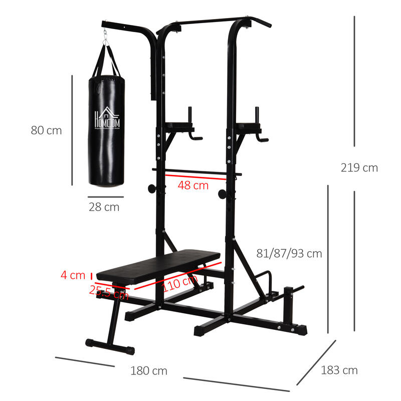 HOMCOM Power Tower con Panca e Sacco da Boxe di 20kg in Acciaio Nero