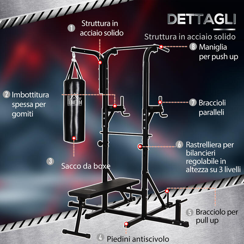 HOMCOM Power Tower con Panca e Sacco da Boxe di 20kg in Acciaio Nero