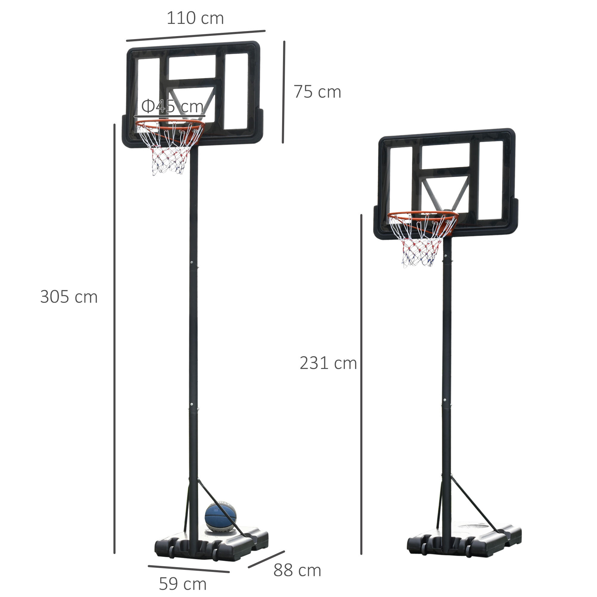 HOMCOM Canestro Basket Altezza Regolabile 231-305cm Base con Ruote 3/6