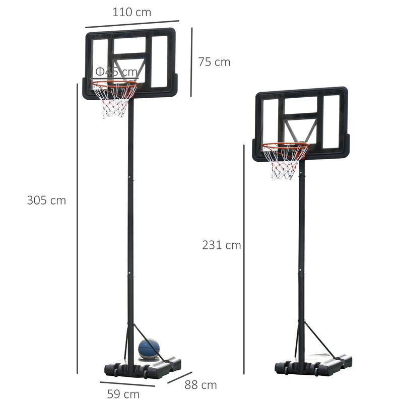 HOMCOM Canestro Basket Altezza Regolabile 231-305cm Base con Ruote
