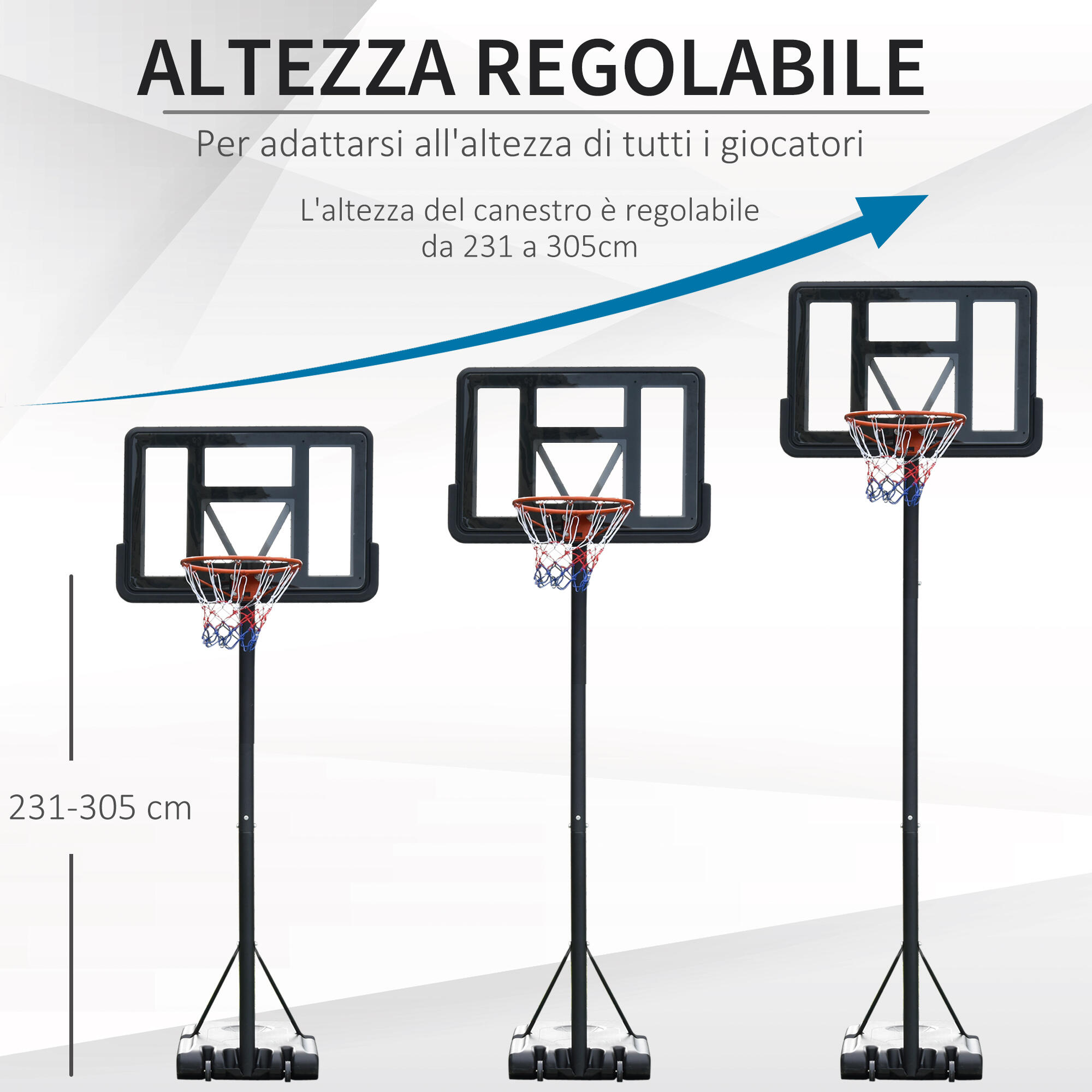 HOMCOM Canestro Basket Altezza Regolabile 231-305cm Base con Ruote 4/6