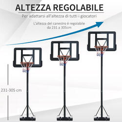 HOMCOM Canestro Basket Altezza Regolabile 231-305cm Base con Ruote HOMCOM