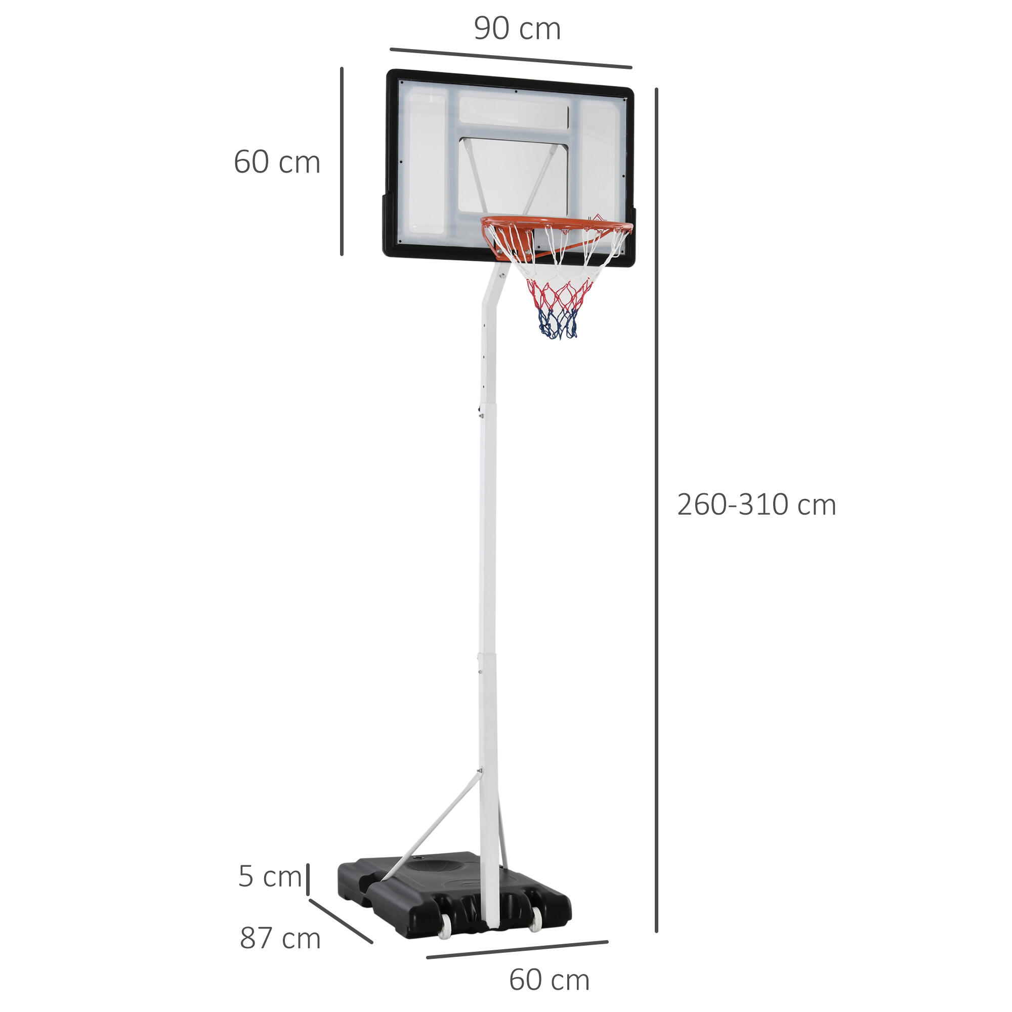 HOMCOM Canestro da Basket per Bambini e Adulti Altezza Regolabile 210-260cm 3/5