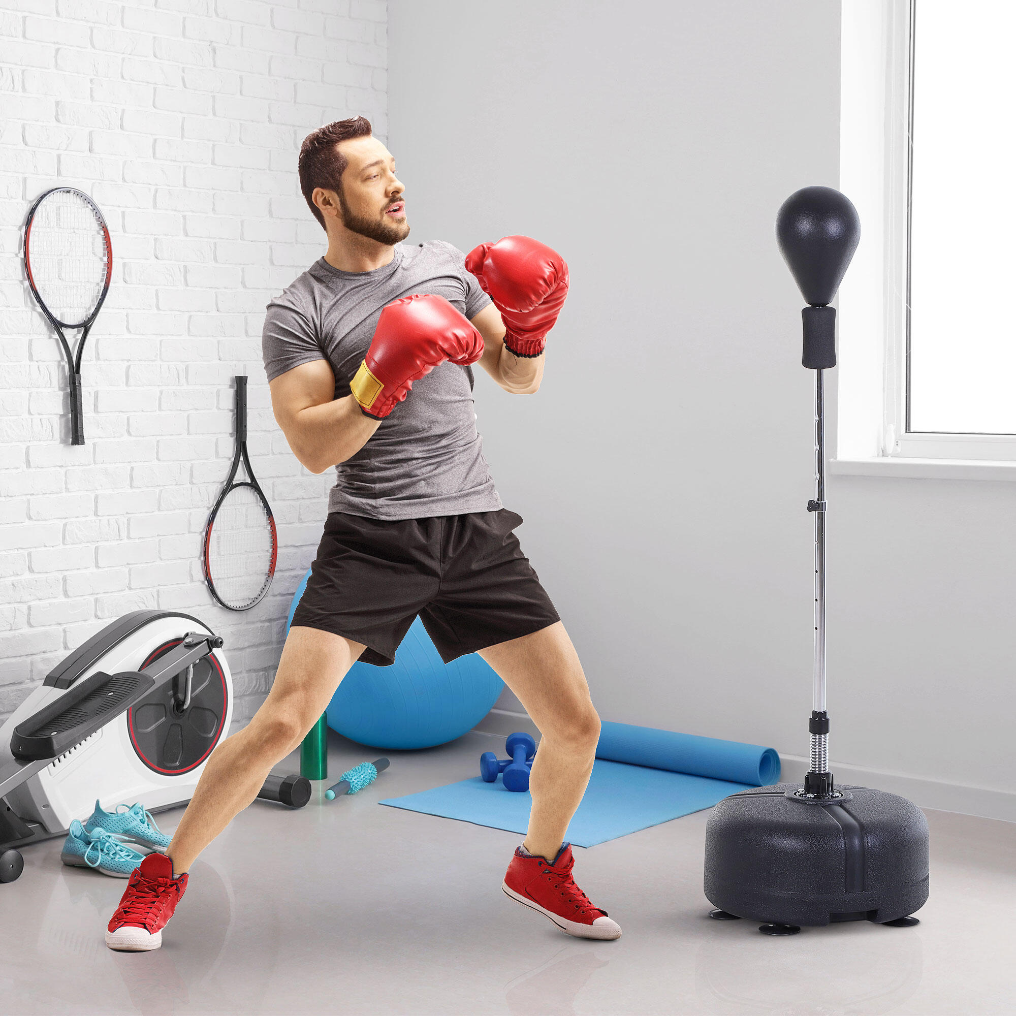 HOMCOM Punching Ball Sacco Boxe da Terra con Guantoni Inclusi Altezza Regolabile 2/6