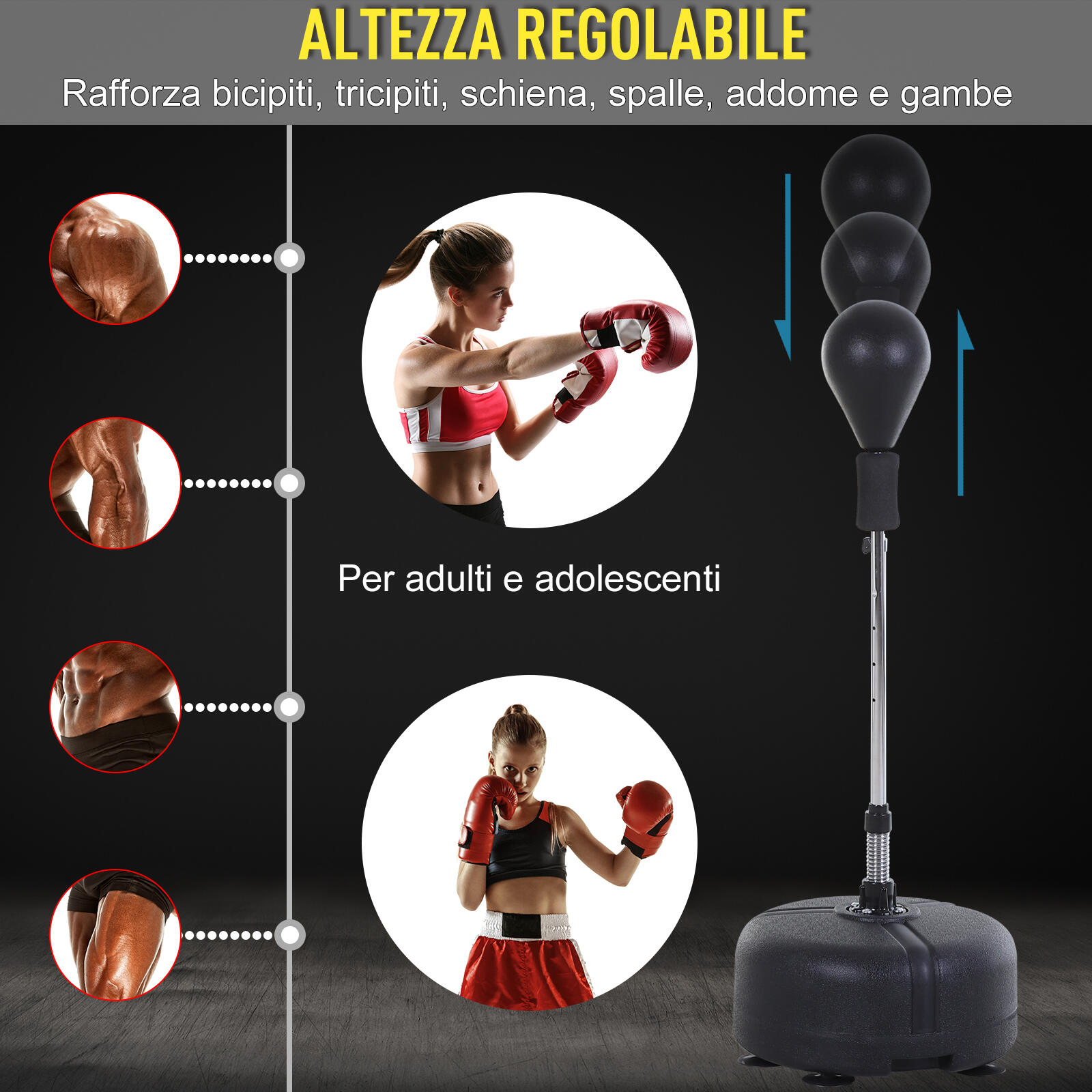 HOMCOM Punching Ball Sacco Boxe da Terra con Guantoni Inclusi Altezza Regolabile 5/6