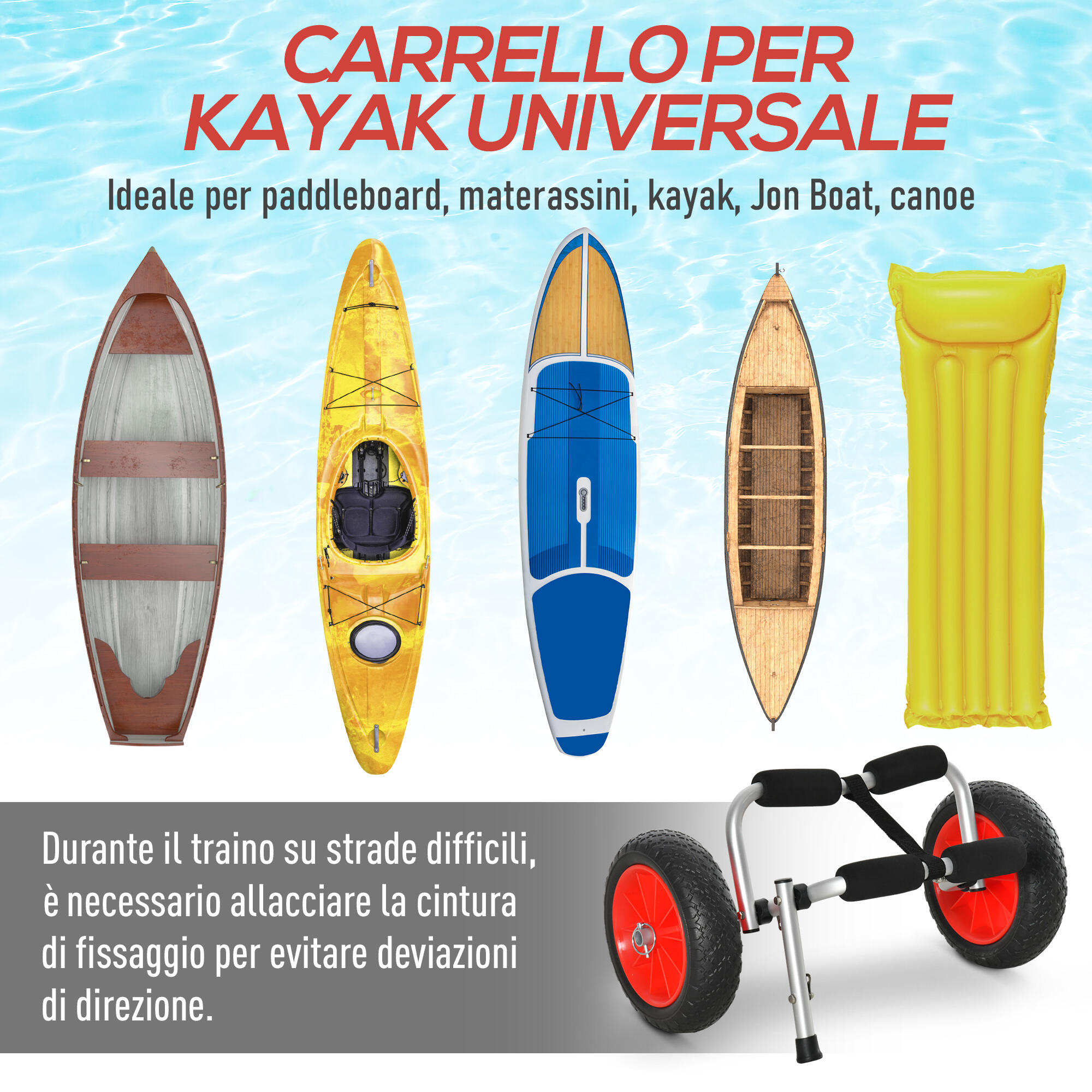 HOMCOM Carrello per Kayak Pieghevole Pneumatici 25cm Adatto a Tutte le Superfici 4/6