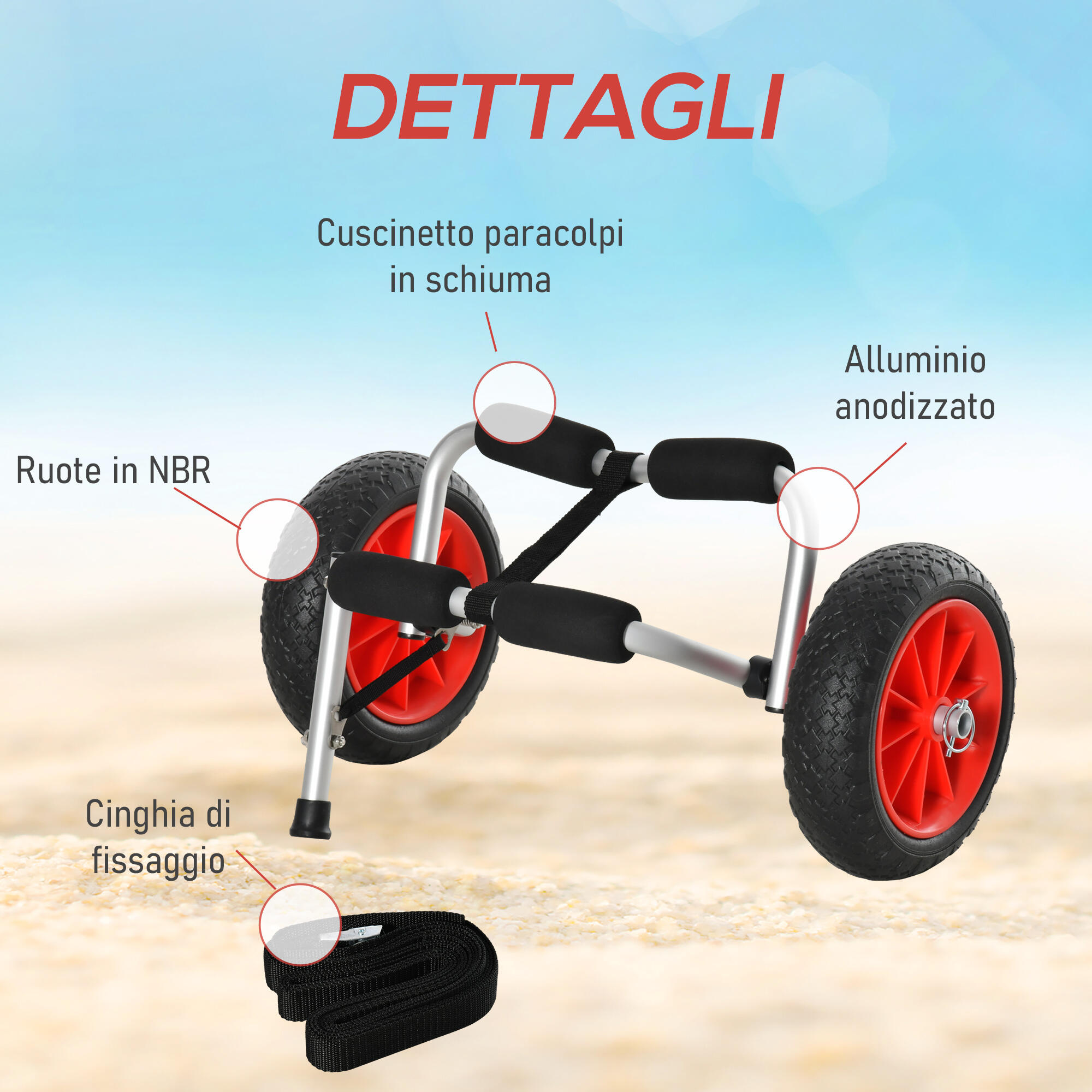 HOMCOM Carrello per Kayak Pieghevole Pneumatici 25cm Adatto a Tutte le Superfici 5/6