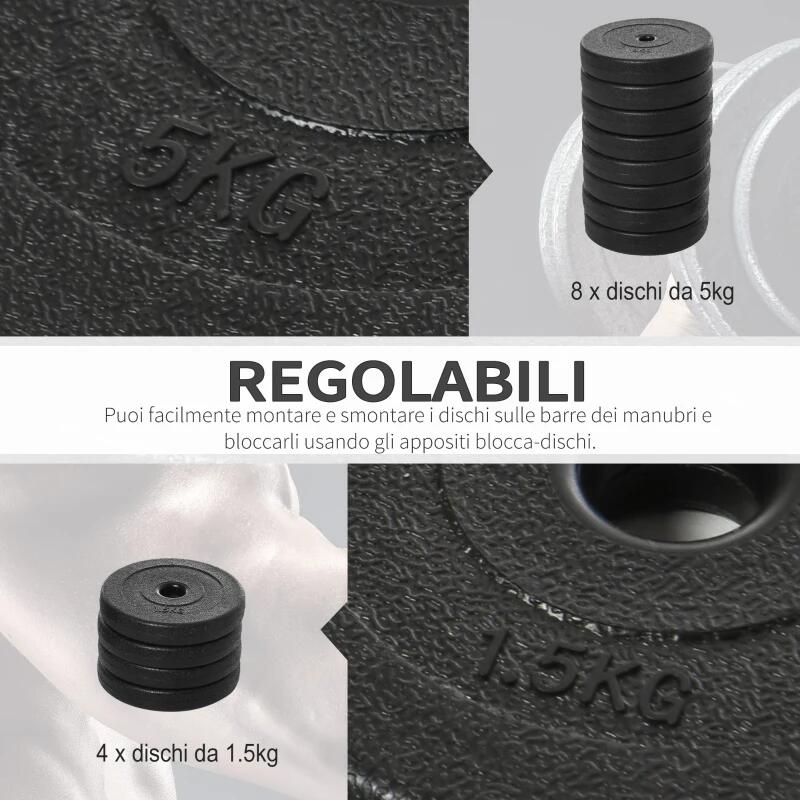 HOMCOM Set Manubri Palestra 50kg Pesi Bodybuilding con 12 Dischi Gommati Nero 5/6