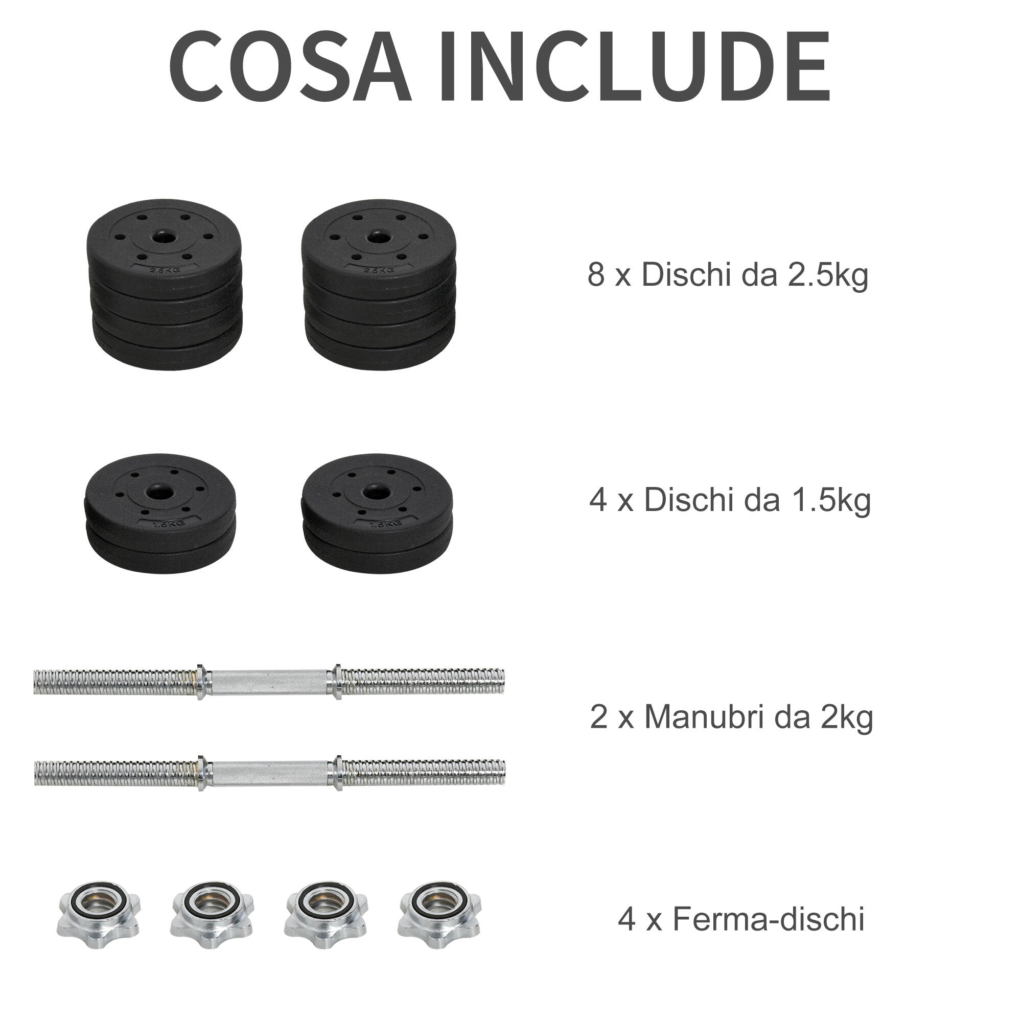 HOMCOM Set di 2 Manubri Pesi da 30kg Totali con 12 Dischi in Acciaio e Plastica 5/8