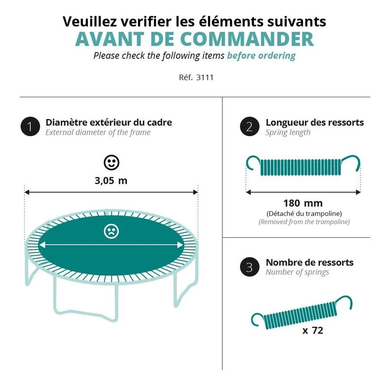 Tapis de saut pour trampoline diamètre 3m05 ayant 72 ressorts de 180mm de long