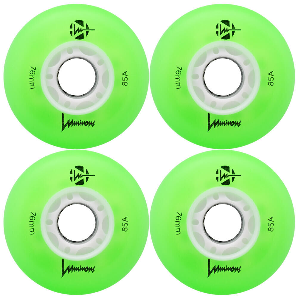 LUMINOUS LUMINOUS LED LIGHT UP INLINE SKATE WHEELS - GREEN/WHITE GLOW 76 MM – SET OF 4