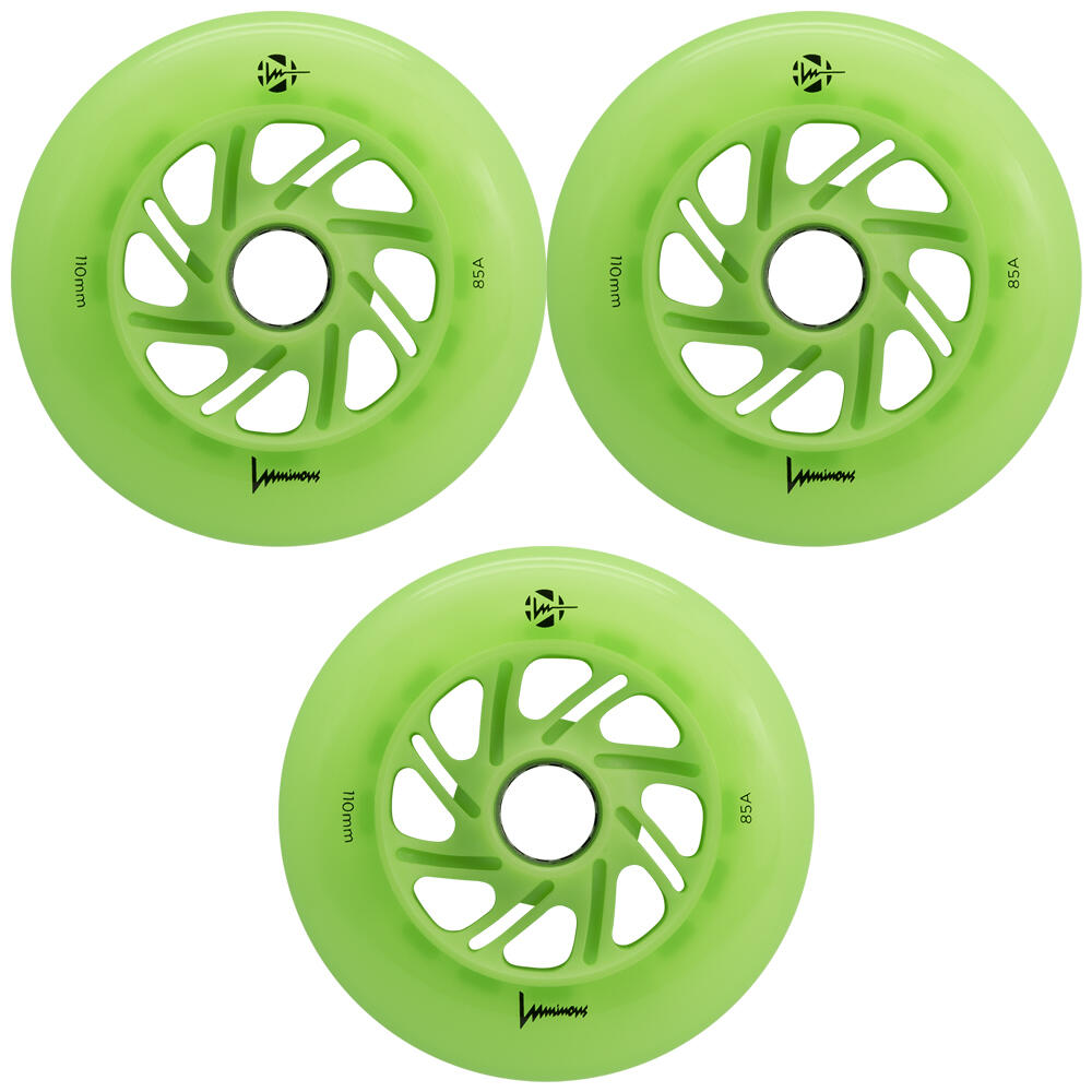 LUMINOUS LED LIGHT UP INLINE SKATE WHEELS - GREEN APPLE GLOW 110 MM – SET OF 3 1/5