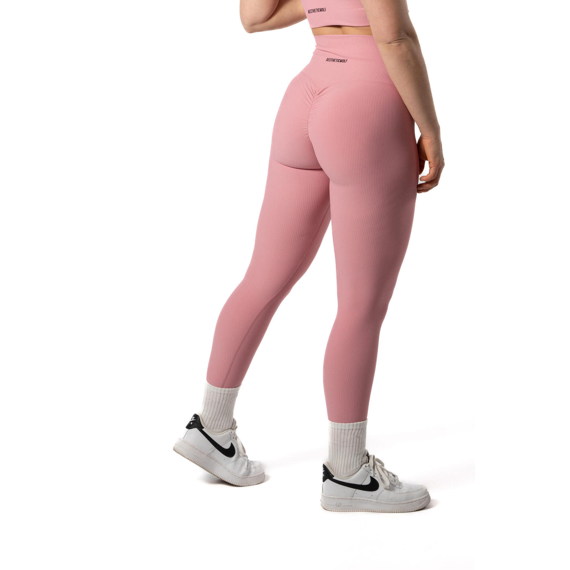 Legging Fitness Côtelé Scrunch Sans Coutures Rose 3/4