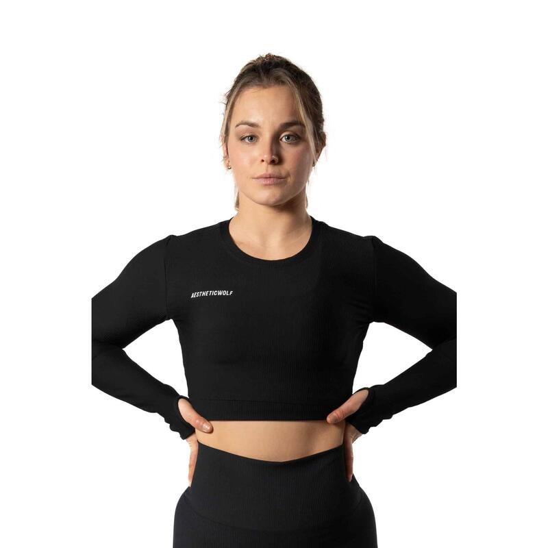 Geribbelde v2 Long Sleeve Crop Top voor Fitness Zwart