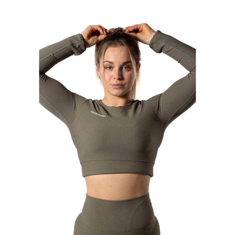 Crop Top a maniche lunghe a coste v2 - Aesthetic Wolf - Donna - Verde salvia