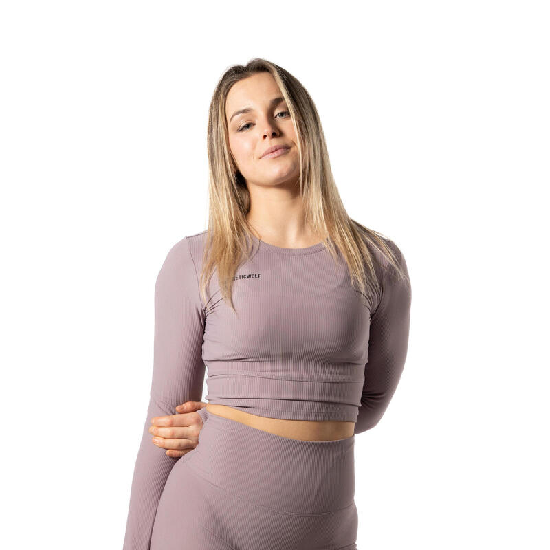 Geribbelde v2 Long Sleeve Crop Top voor Fitness  Plum Blossom