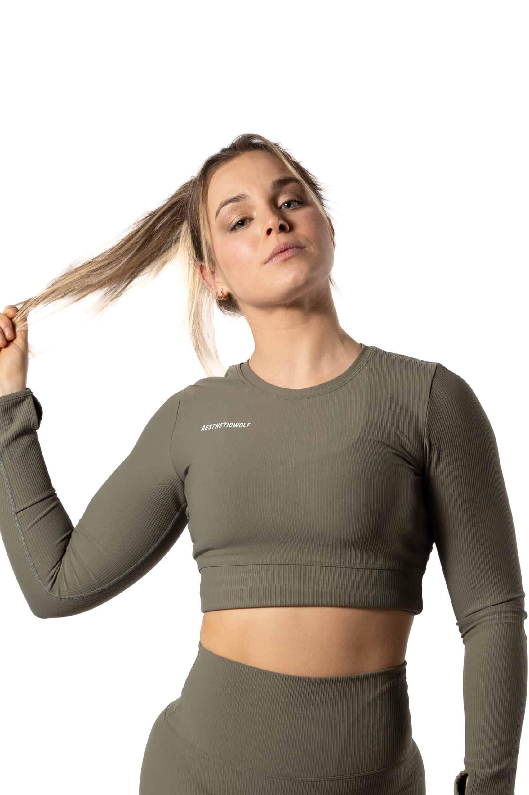 Crop Top a maniche lunghe a coste v2 - Aesthetic Wolf - Donna - Verde salvia 4/5