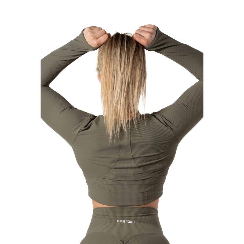 Geribbelde v2 Long Sleeve Crop Top voor Fitness  Salie Groen