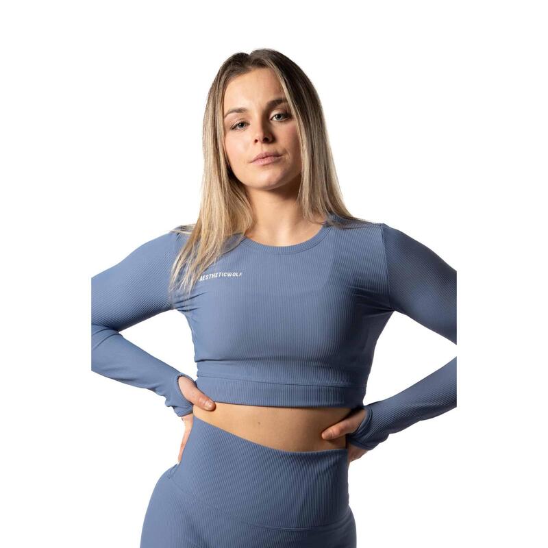 Geripptes v2-Crop-Top mit langen Ärmeln Fitness Blau