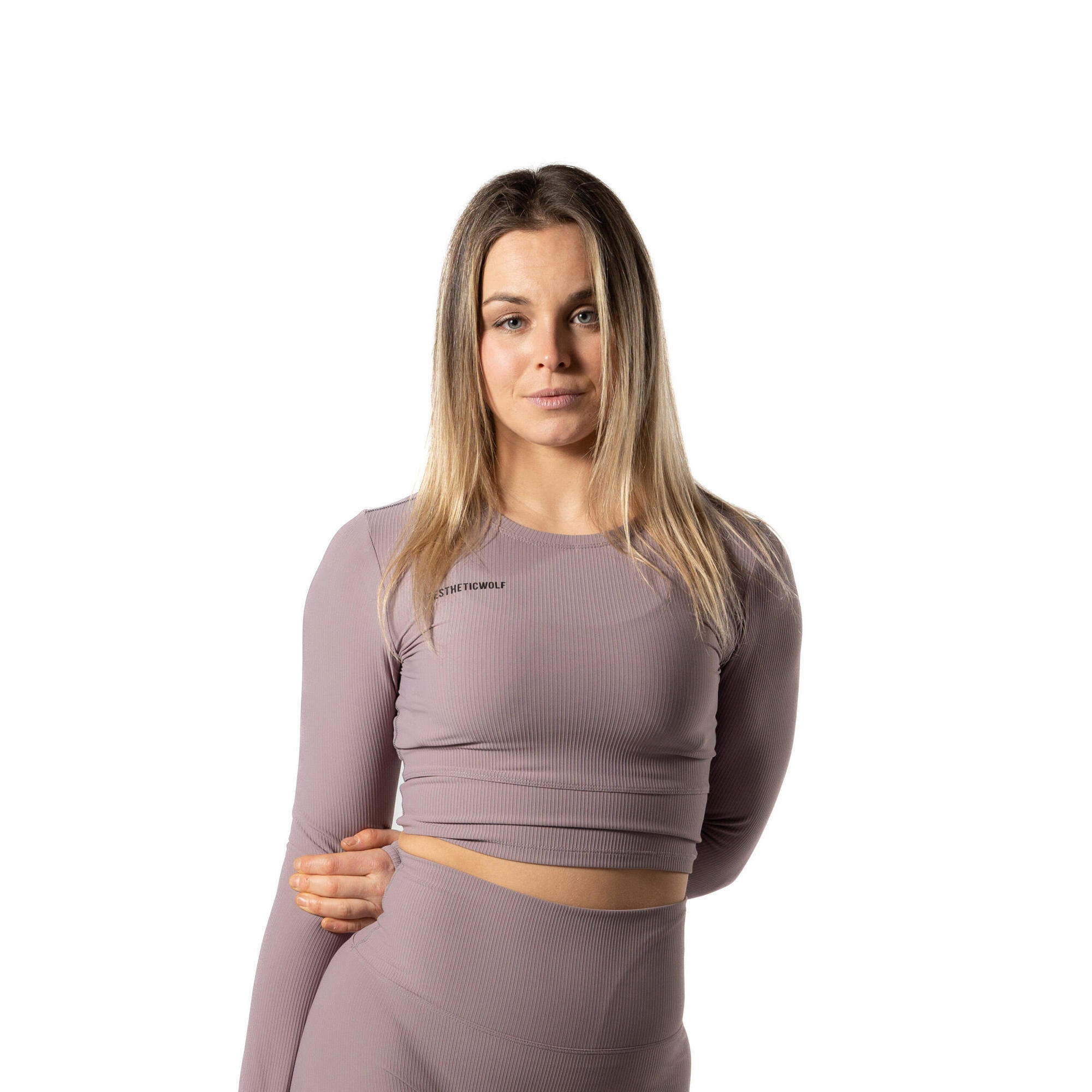AESTHETIC WOLF Geribbelde v2 Long Sleeve Crop Top voor Fitness  Plum Blossom