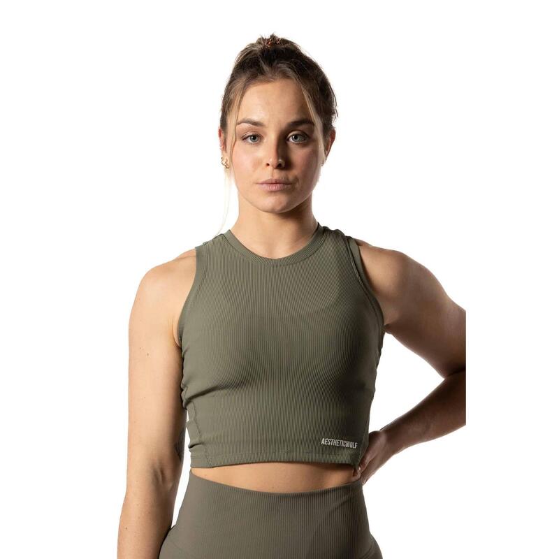 Ribbed v2 High Neck Crop Tank voor Fitness Salie Groen