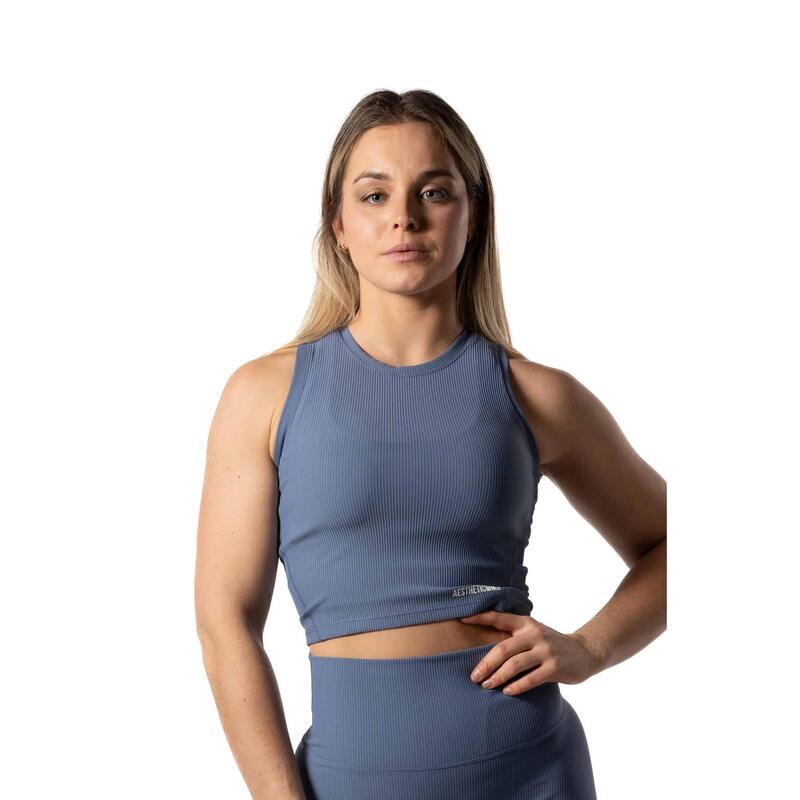 Geripptes v2 High Neck Crop Tank Fitness Blau