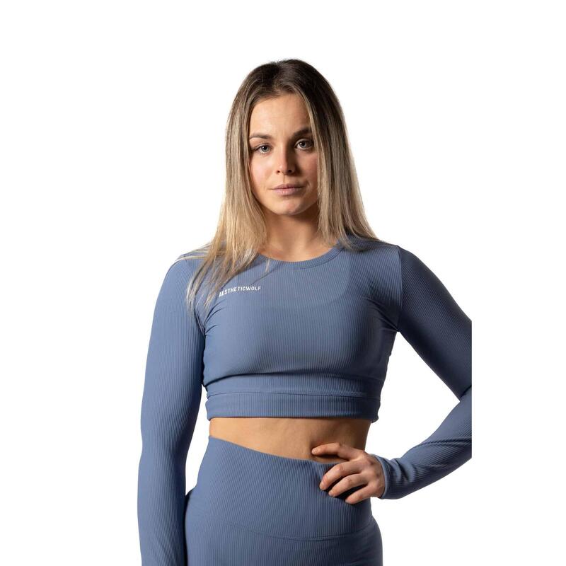 Crop Top a maniche lunghe a coste v2 - Aesthetic Wolf - Donna - Bluberry