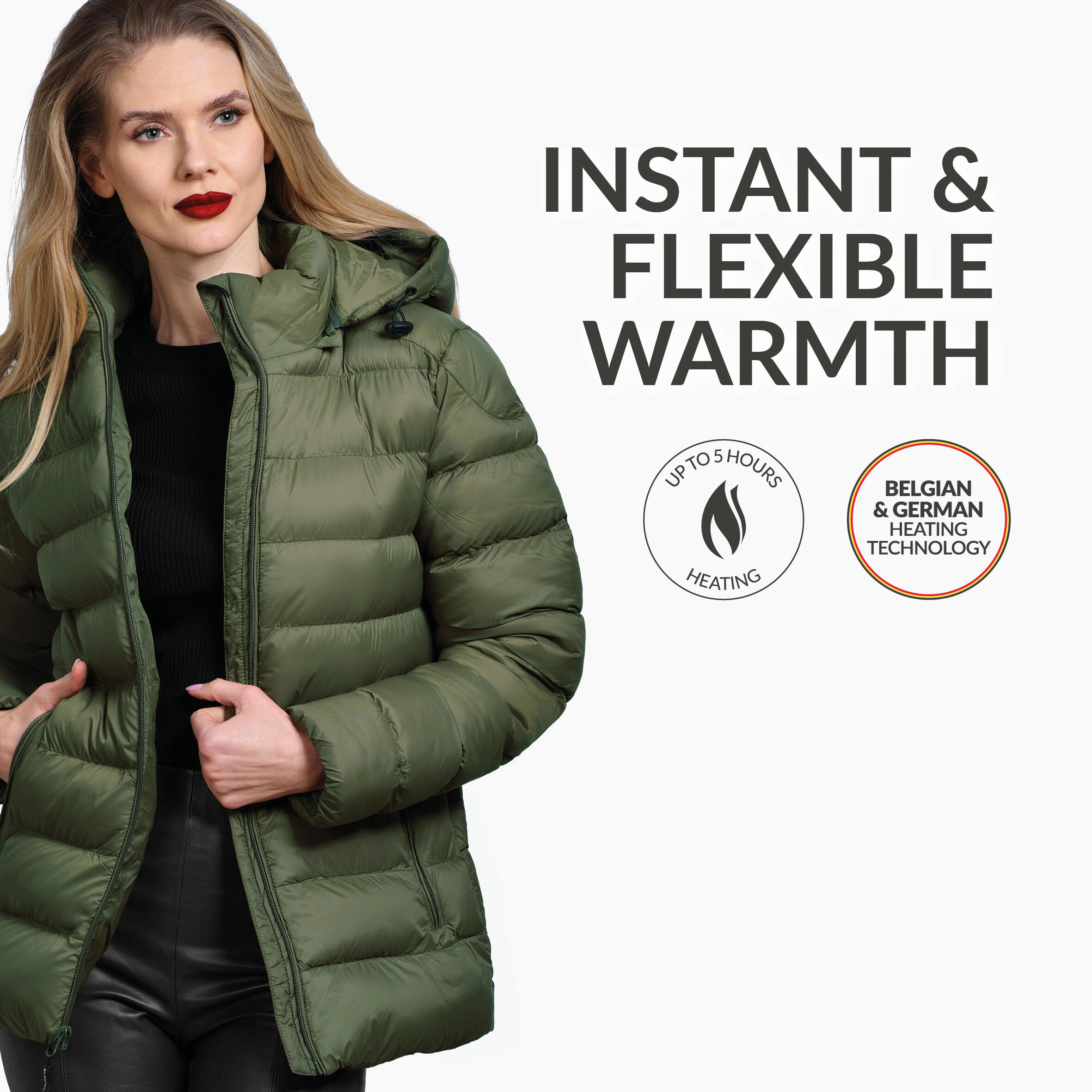 Verwarmde gewatteerde jas Slim fit - Dames - Verstelbare kap -Rapid power - Kaki 3/6