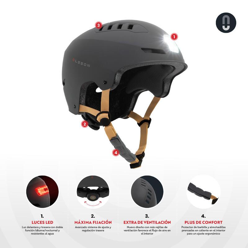 Casco con luz Urban Light Antracita (51-58cm) Patinete skate Patines  bicicleta