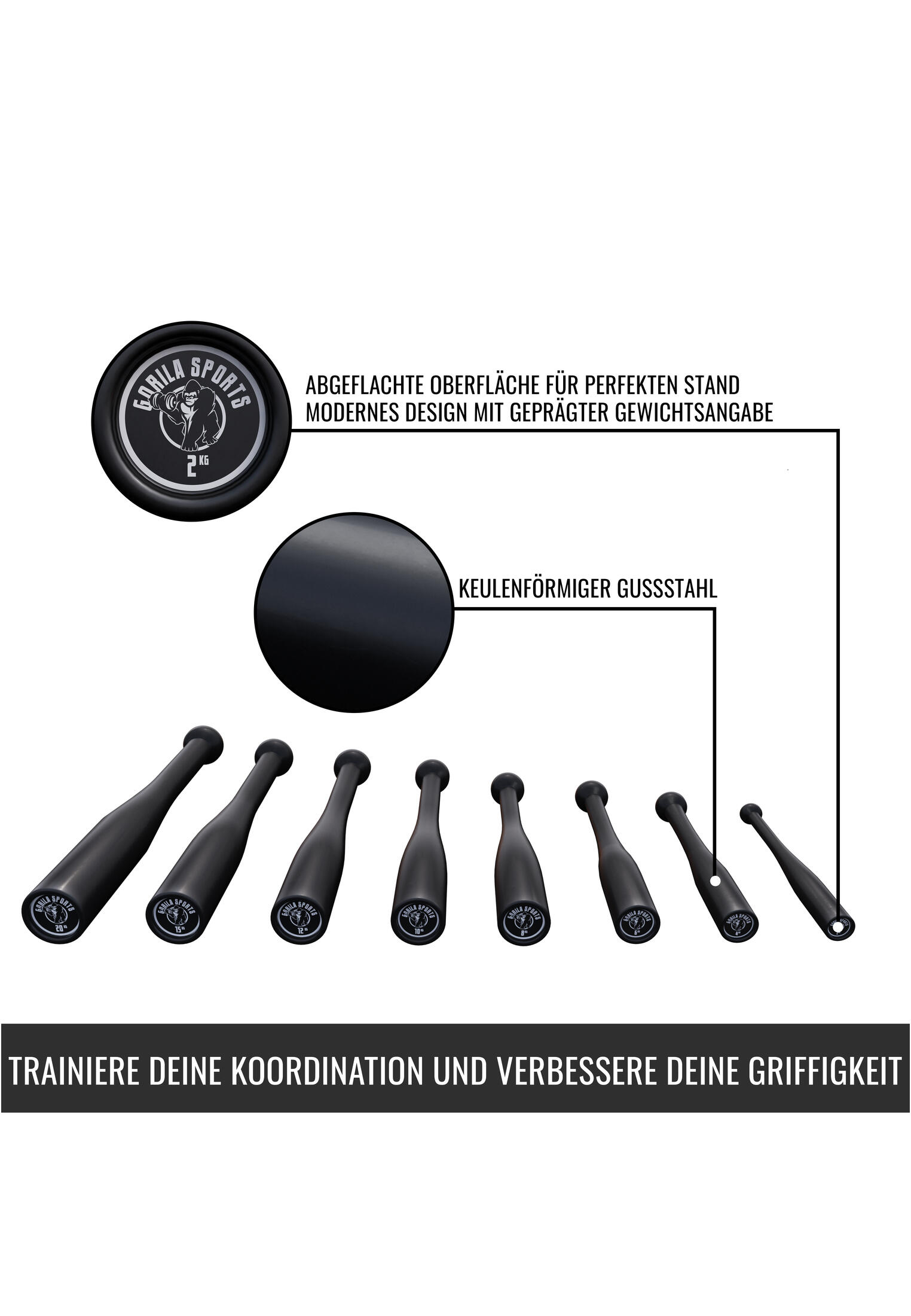 Indian Clubbells - Set van 77 kg - 8 Clubbells - 2 tot 20 kg - Gietijzer - 4/7