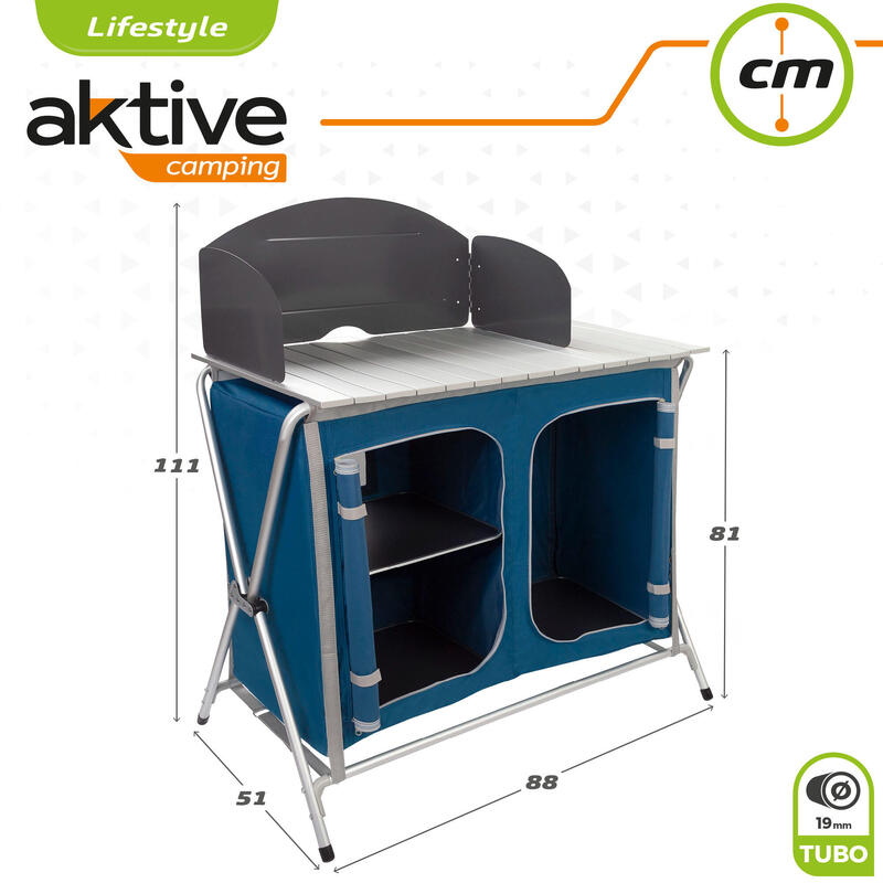 Mueble plegable cocina camping con paravientos Aktive - 88x51x81-111 cm