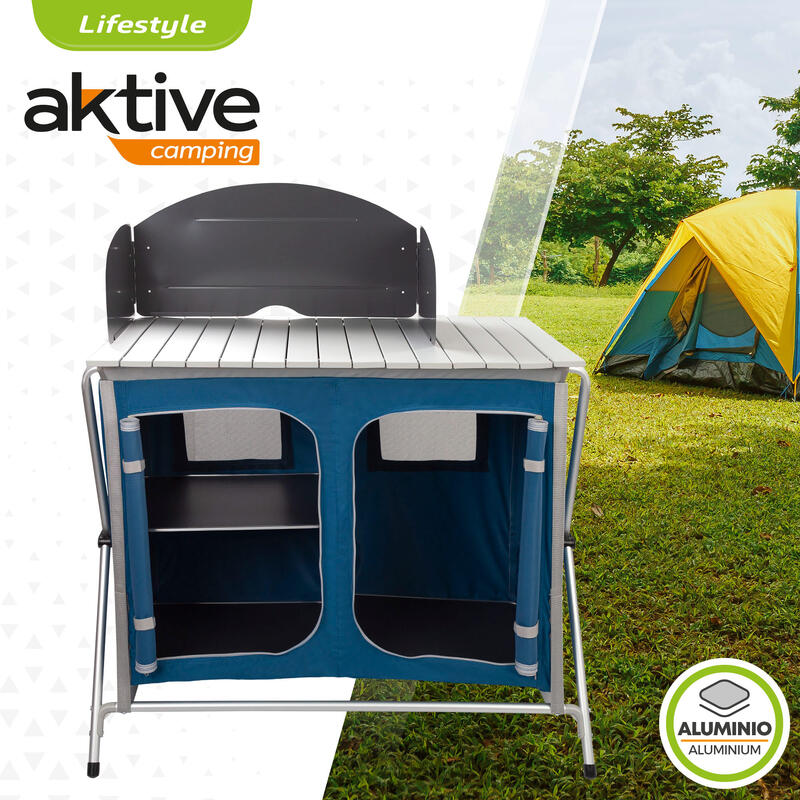 Mueble plegable cocina camping con paravientos Aktive - 88x51x81-111 cm
