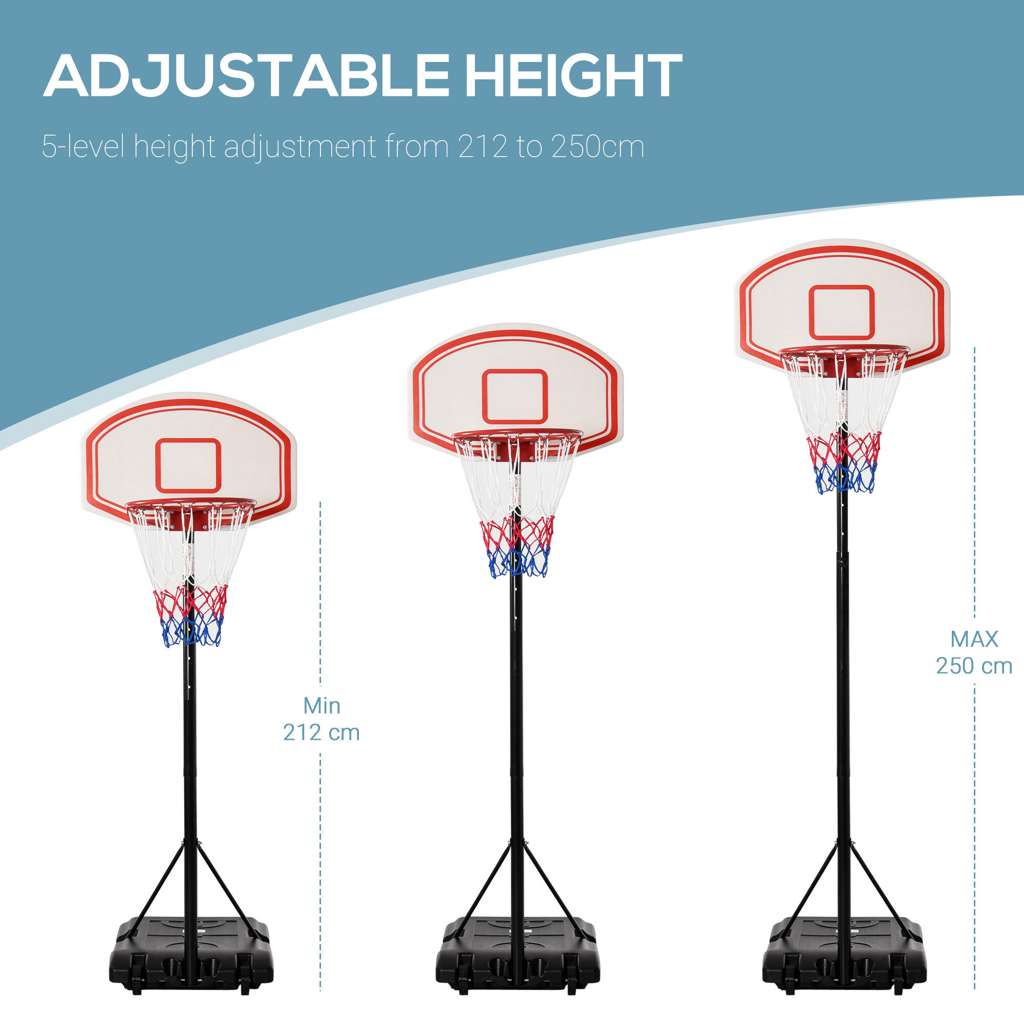 HOMCOM Canestro Basket Altezza Regolabile 5 Livelli 175-215cm, Nero 4/7