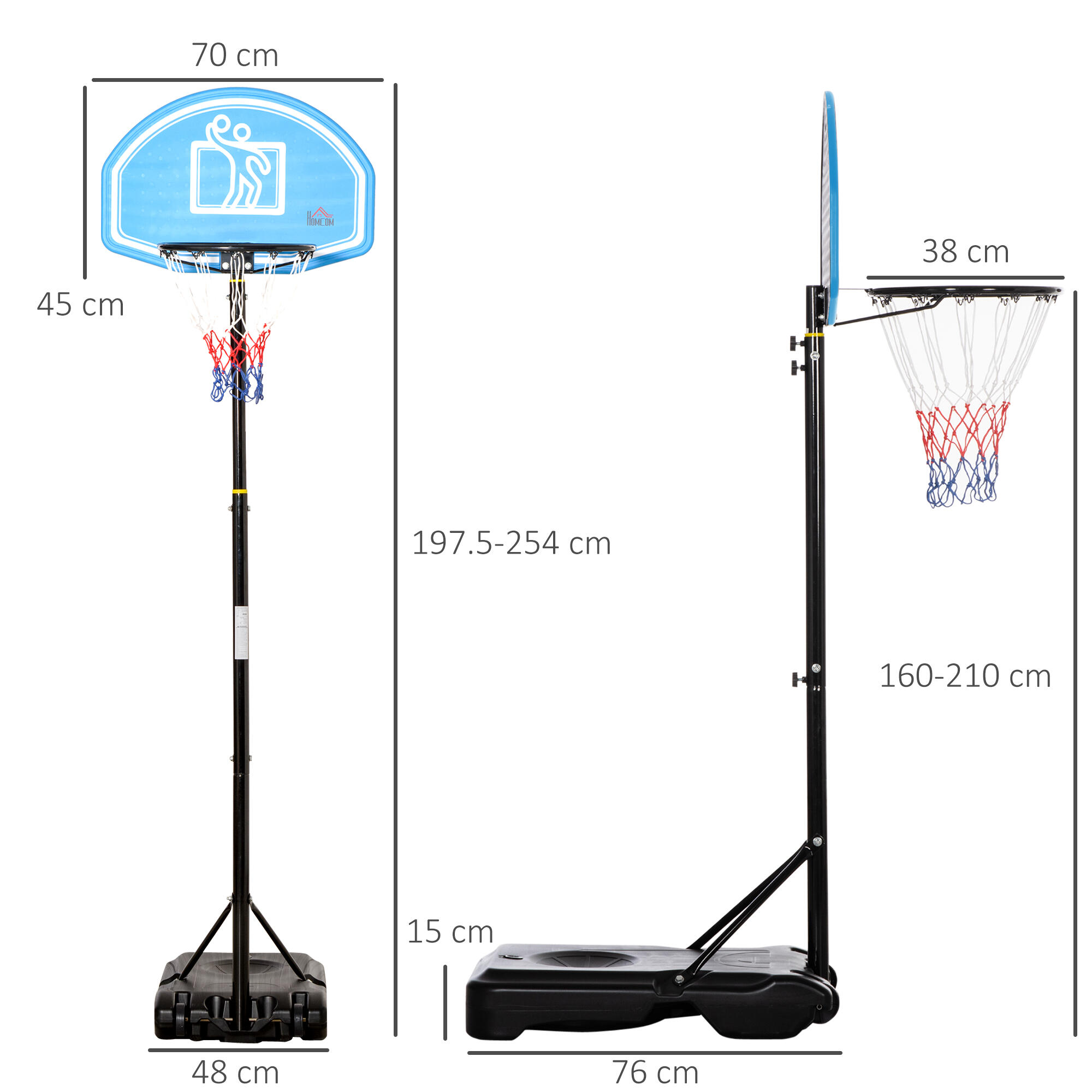 HOMCOM Canestro Basket Altezza Regolabile 195-245cm Base con Ruote e Tabellone 3/6